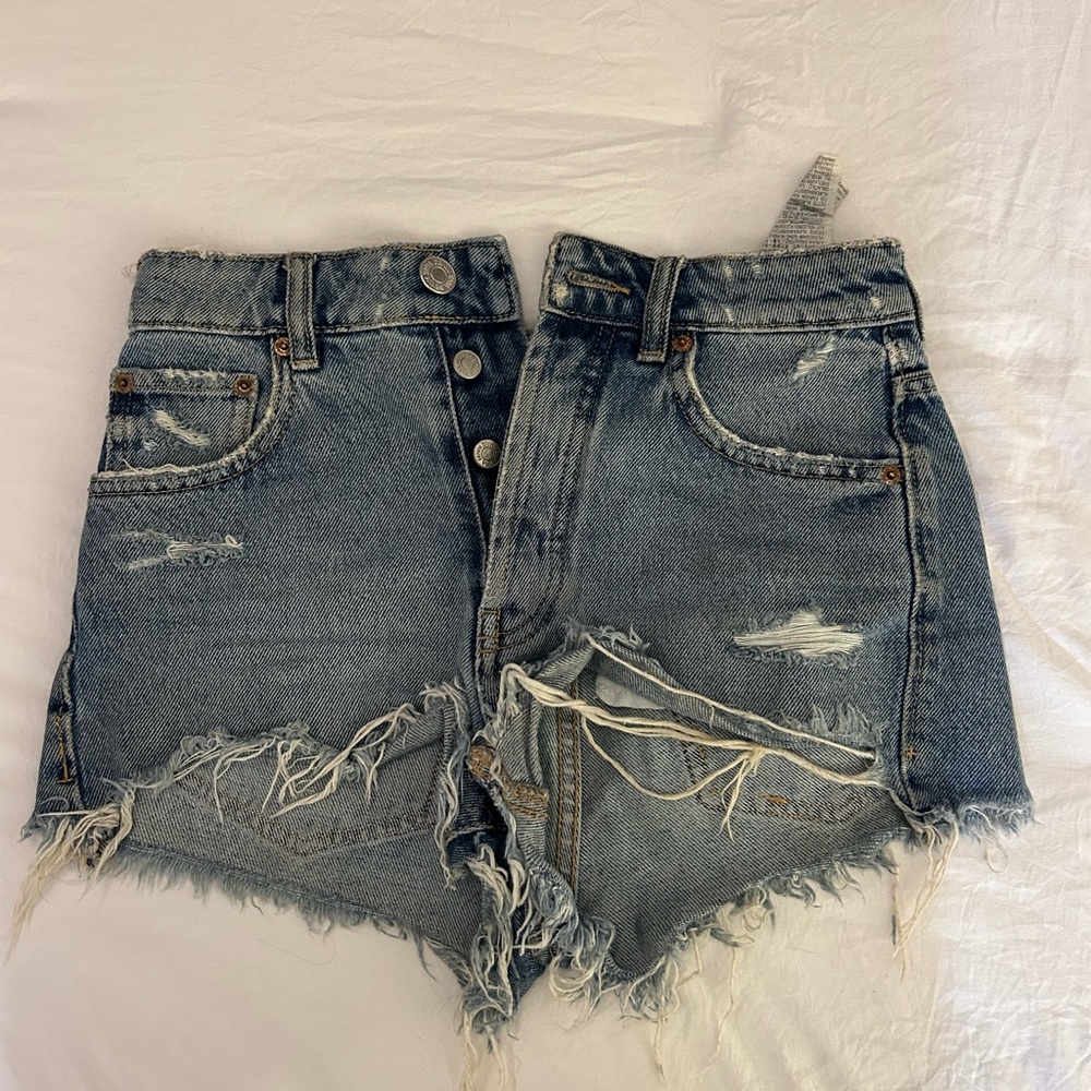 Zara Blue Jean Shorts Distressed Frayed Hem